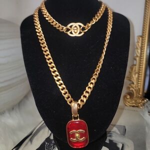 Gold Chanel Chain Red Long Necklace